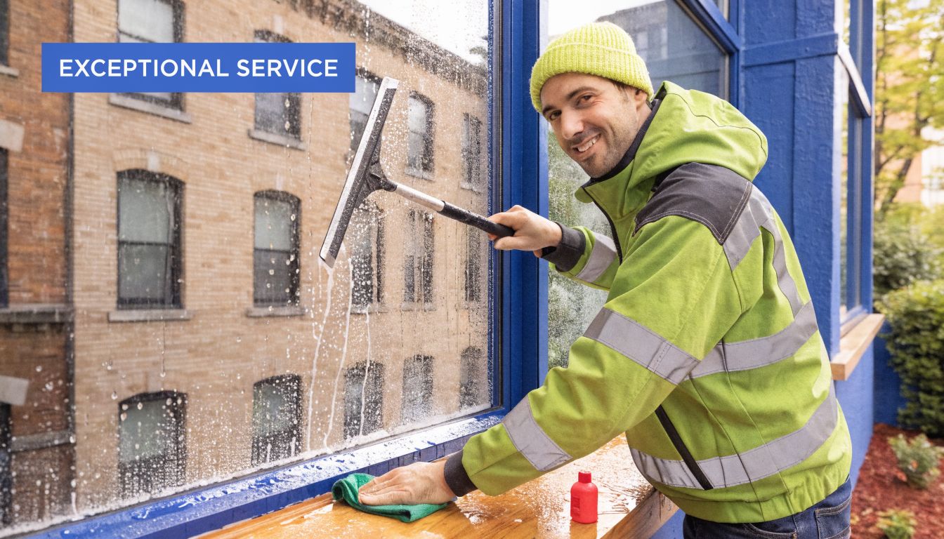 A professional window washer wearing a neon yellow jacket cleans a window with a squeegee and cloth.