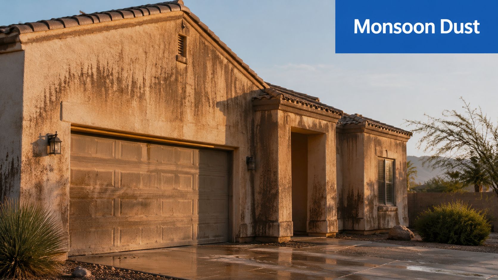 A stucco house exterior showing significant dirty streaks and staining caused by heavy monsoon dust and rain.