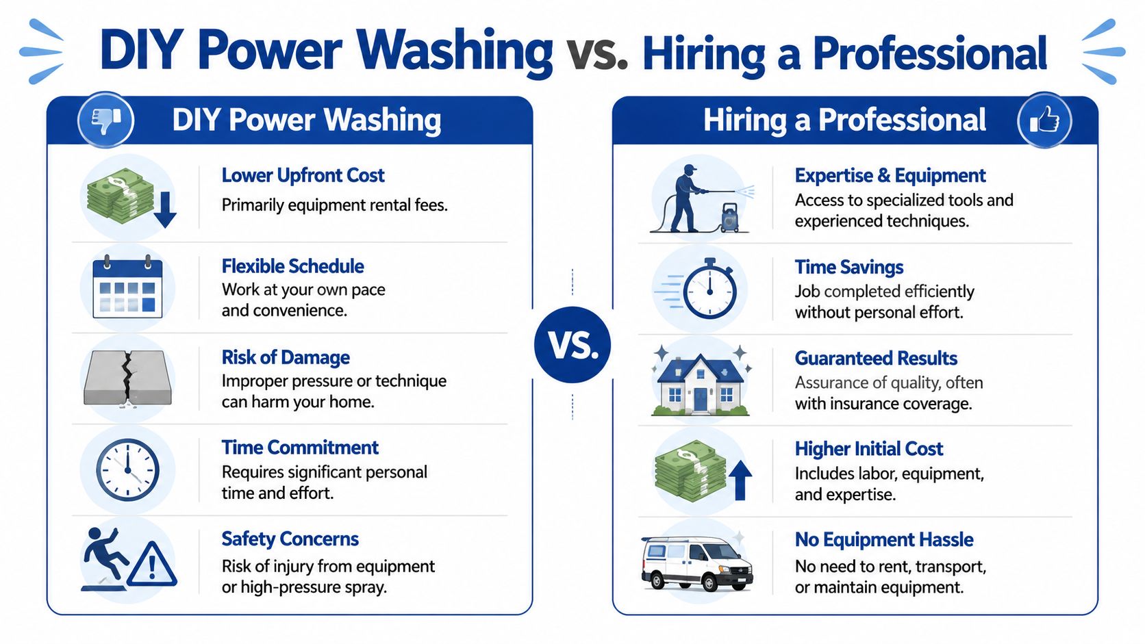 A comparison infographic showing the pros and cons of DIY power washing versus hiring a professional service.