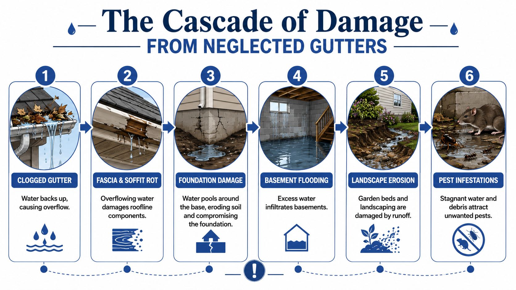 An infographic titled The Cascade of Damage showing how neglected gutters lead to structural problems and home damage.
