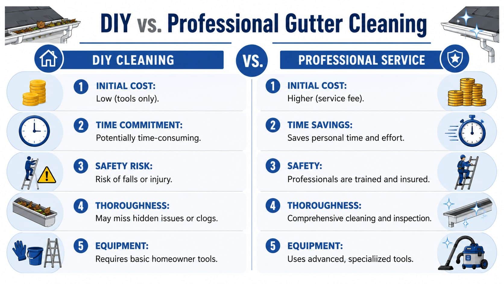 A comparison infographic between DIY and professional gutter cleaning, highlighting costs, time, safety, thoroughness, and equipment.