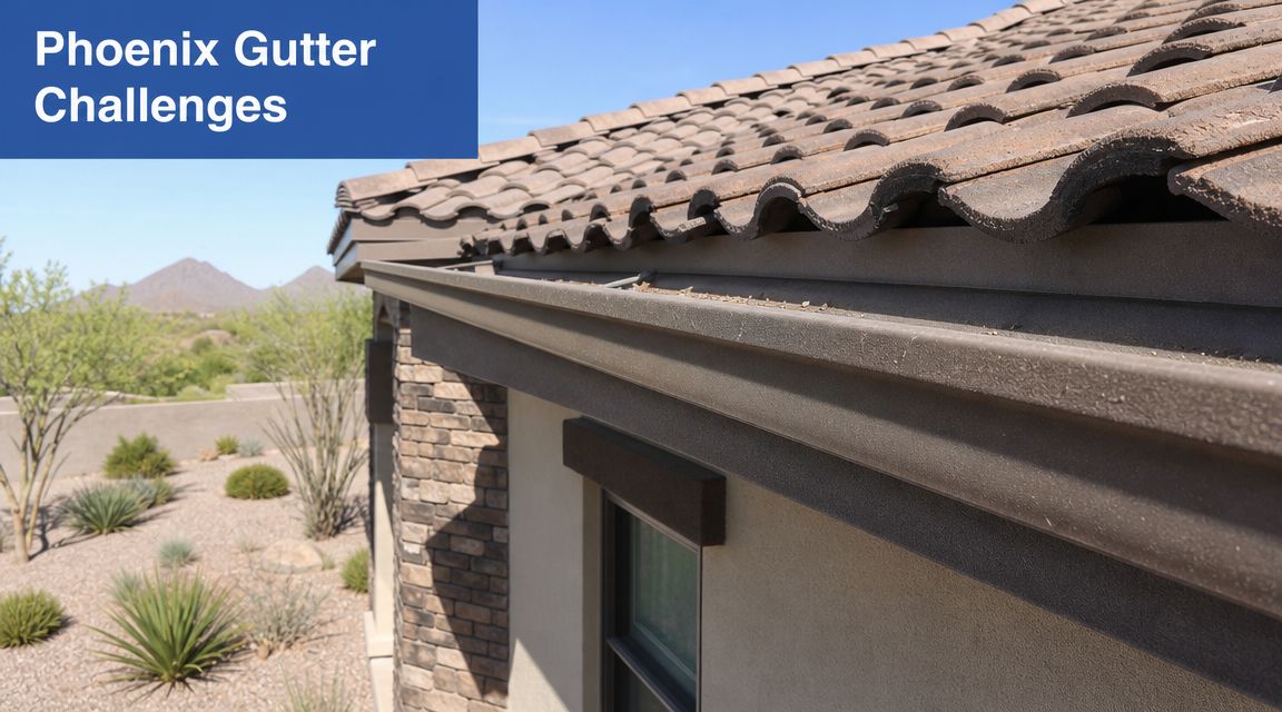 A close-up view of roof gutters on a home exterior, highlighting common gutter maintenance issues in Arizona.