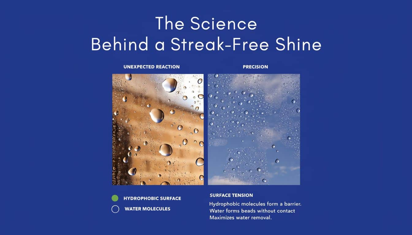 A comparison showing how hydrophobic surfaces create distinct water beads to achieve a streak-free window shine.