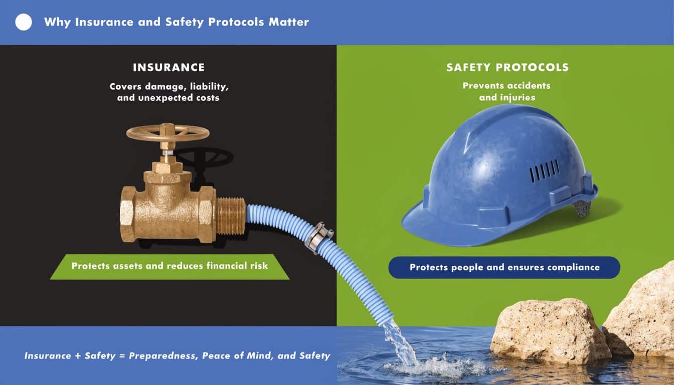 A diagram illustrating how insurance and safety protocols combine to protect assets, reduce risk, and ensure safety.