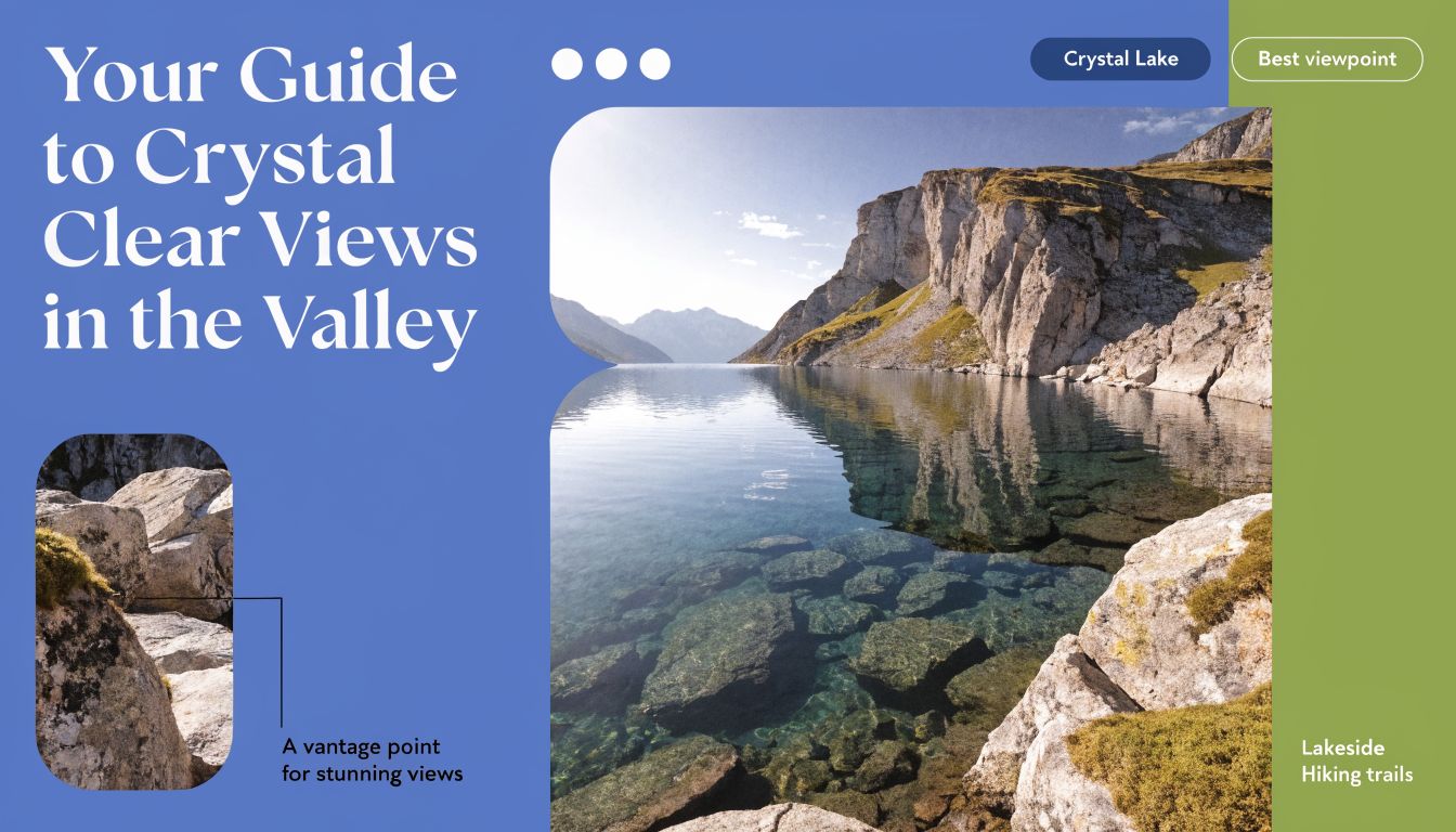 A scenic landscape photo showing a crystal clear mountain lake reflecting rocky cliffs under a bright sky.