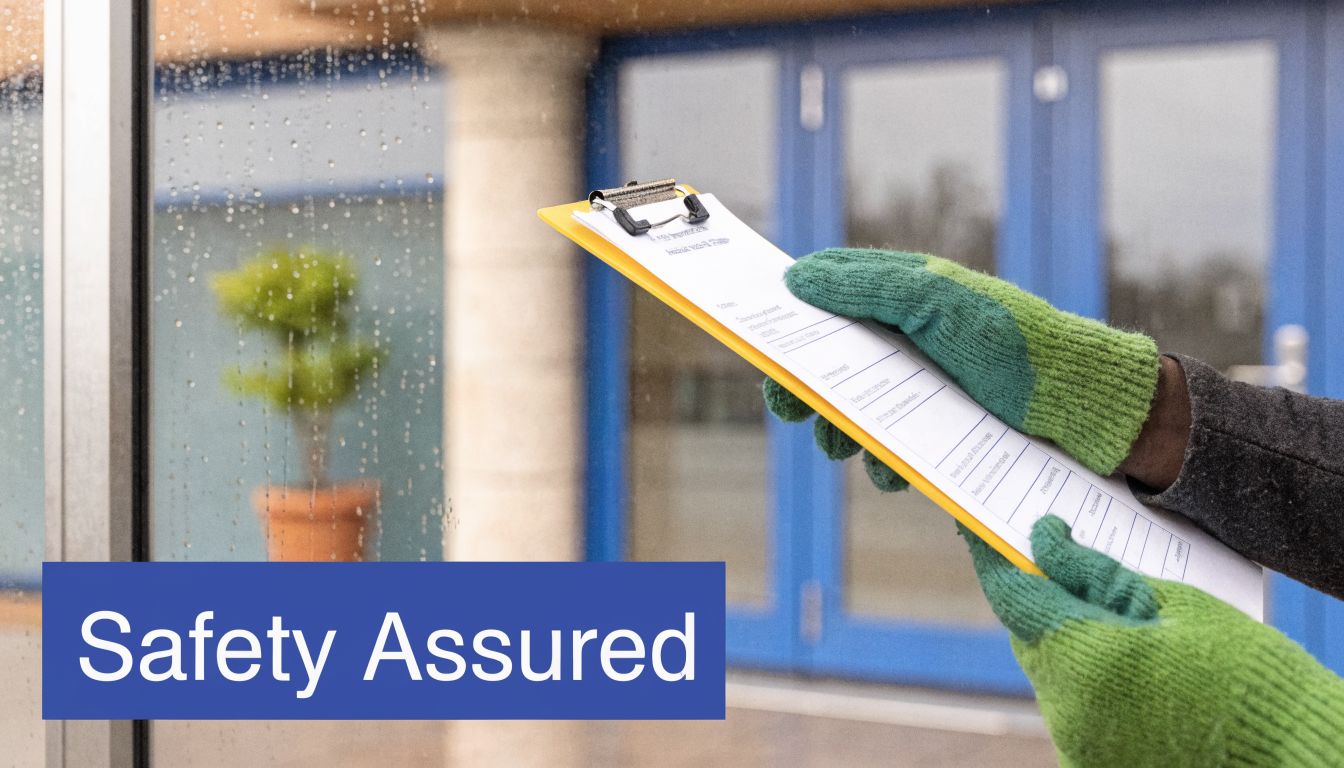A person wearing green gloves holds a clipboard with a checklist in front of a window.