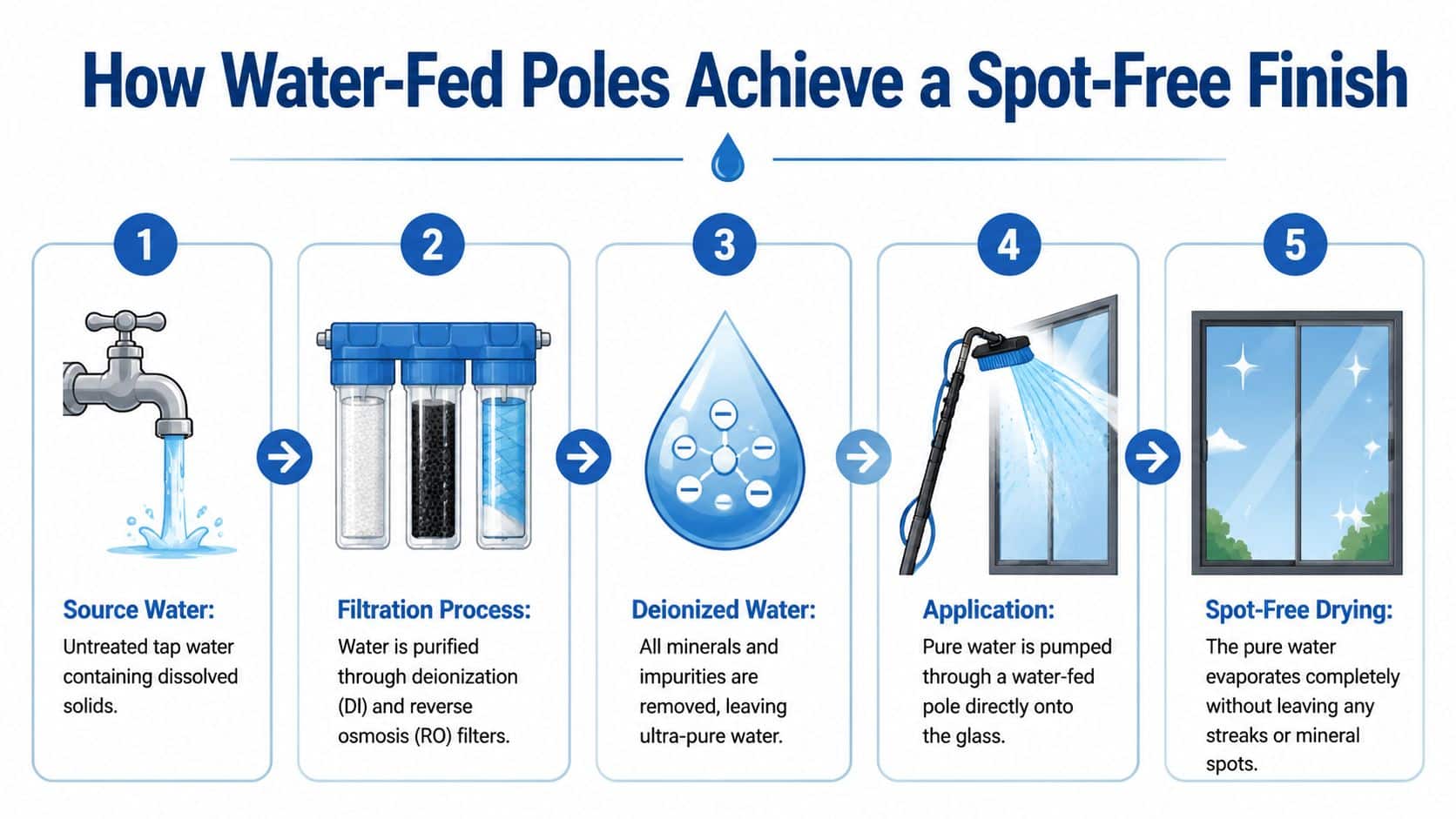 A five-step infographic showing how water-fed pole systems purify water to achieve a spot-free window cleaning finish.