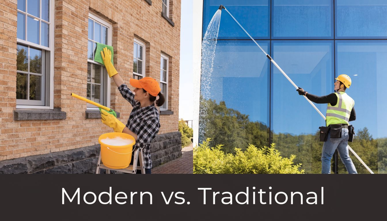 A side-by-side comparison showing traditional hand window cleaning versus modern pole water-fed cleaning methods.