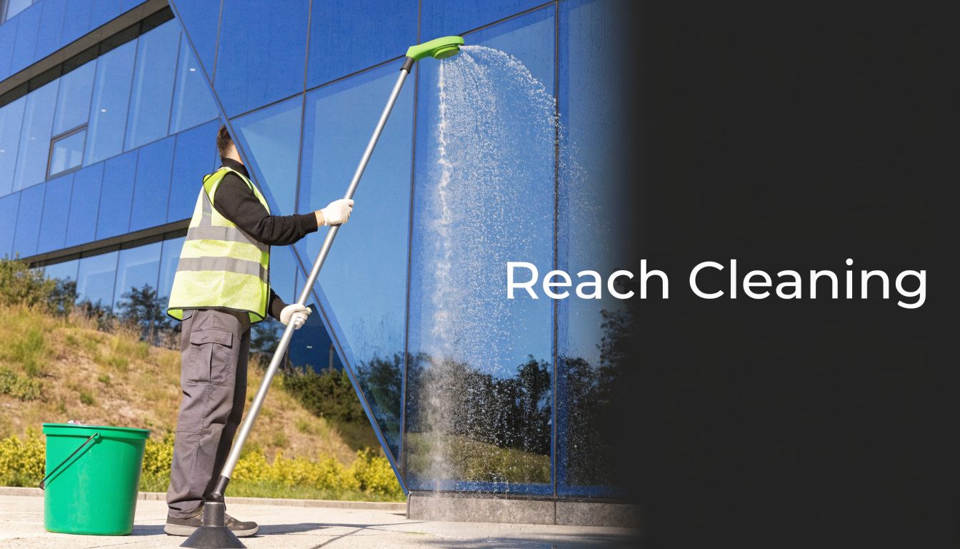 A professional cleaner wearing a high-visibility vest uses a long reach pole to wash glass building windows.