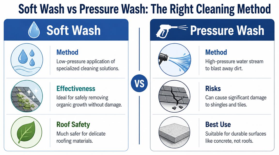 A comparison infographic between soft washing and pressure washing for cleaning different home exterior surfaces.