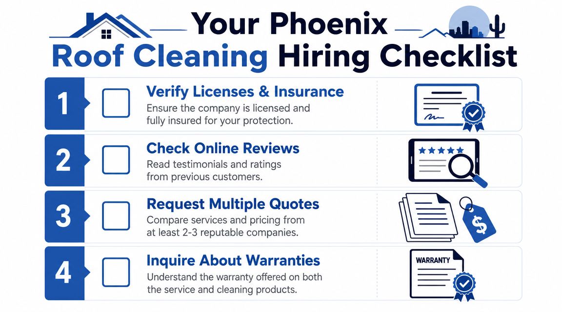An infographic checklist for hiring roof cleaning services, featuring four key steps for property owners.