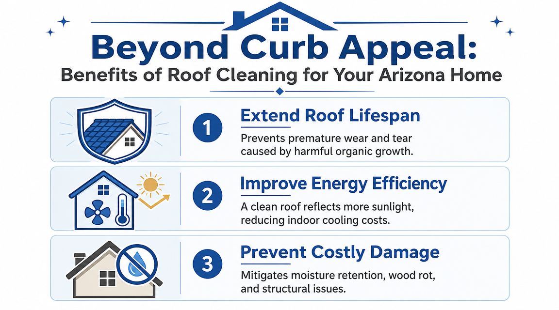 An infographic detailing the three main benefits of professional roof cleaning for homes in Arizona.