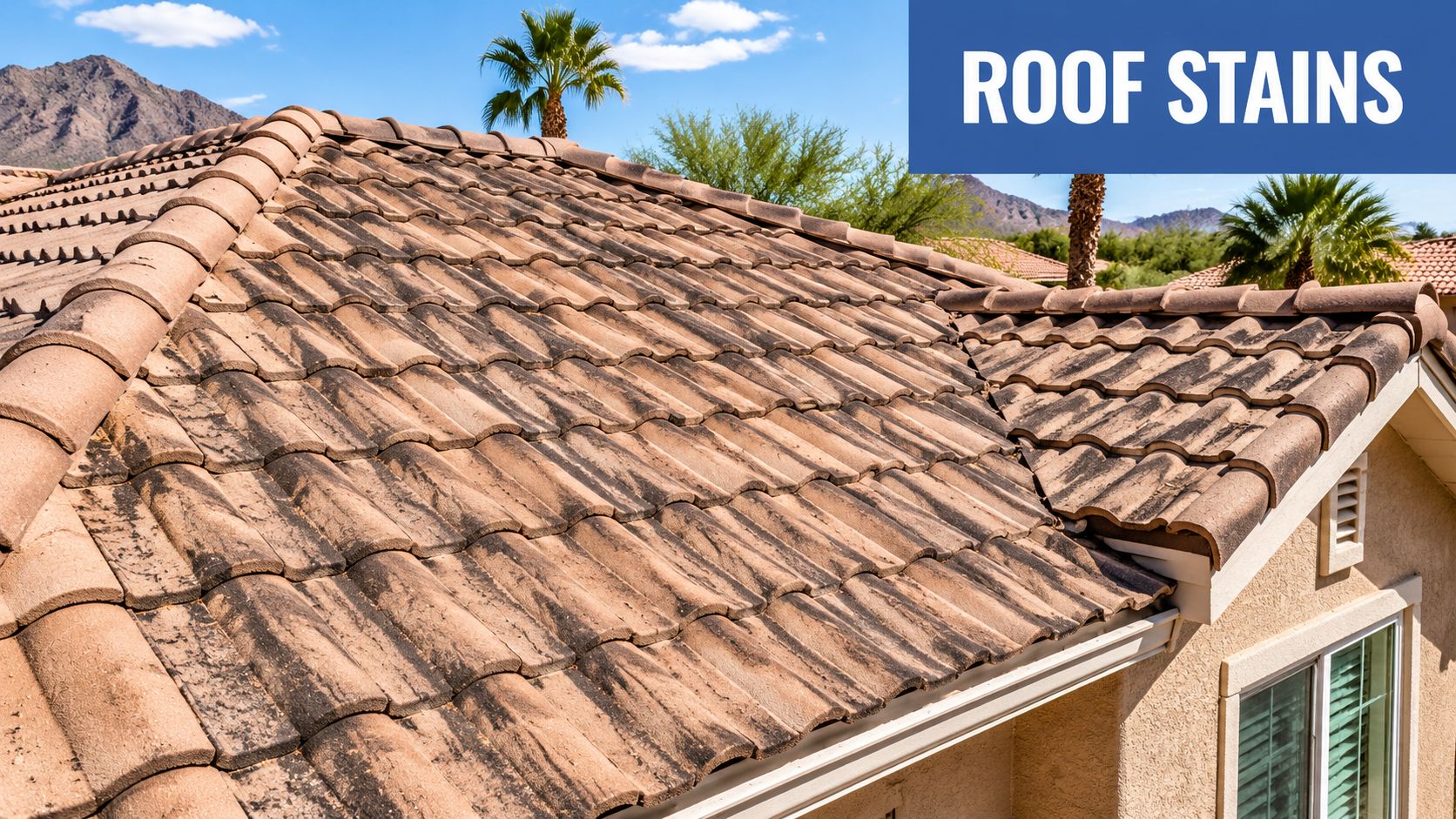 A brown tile roof covered with dark streaks and algae stains under a blue sky.