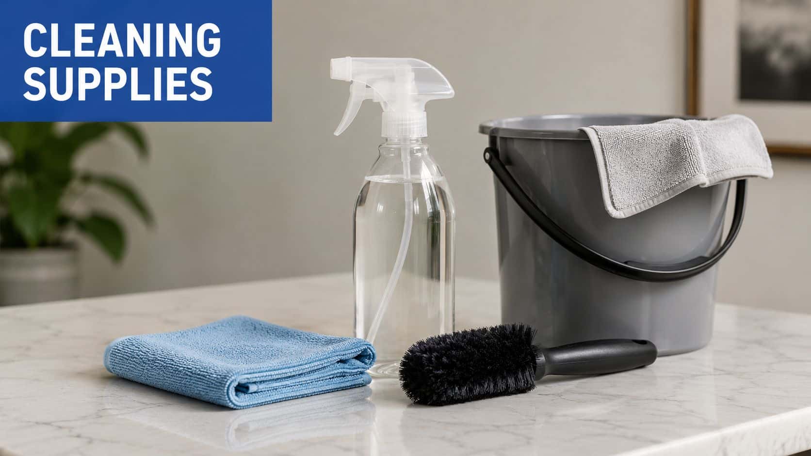 A clean marble surface displays a spray bottle, a grey bucket with a towel, and a scrub brush.