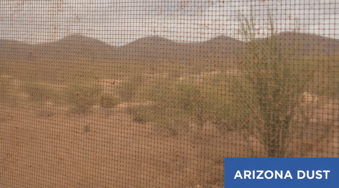 A view of a dry, dusty desert landscape seen through a fine mesh window screen.