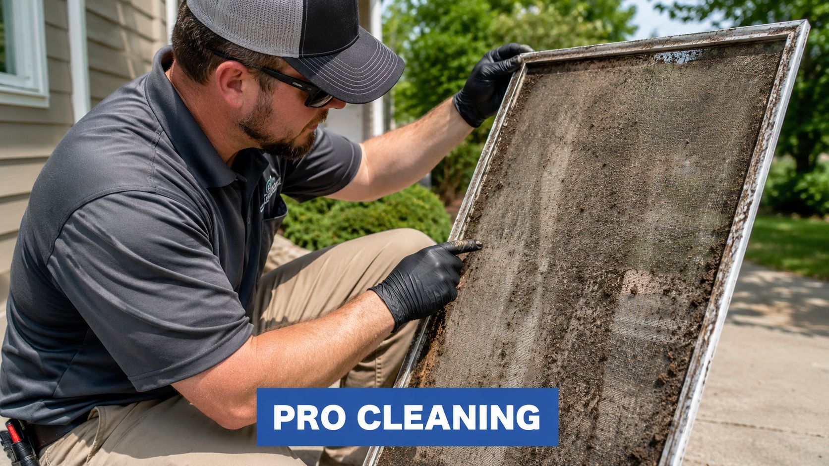 A professional technician wearing gloves inspects a heavily dirt-covered window screen outdoors for cleaning services.