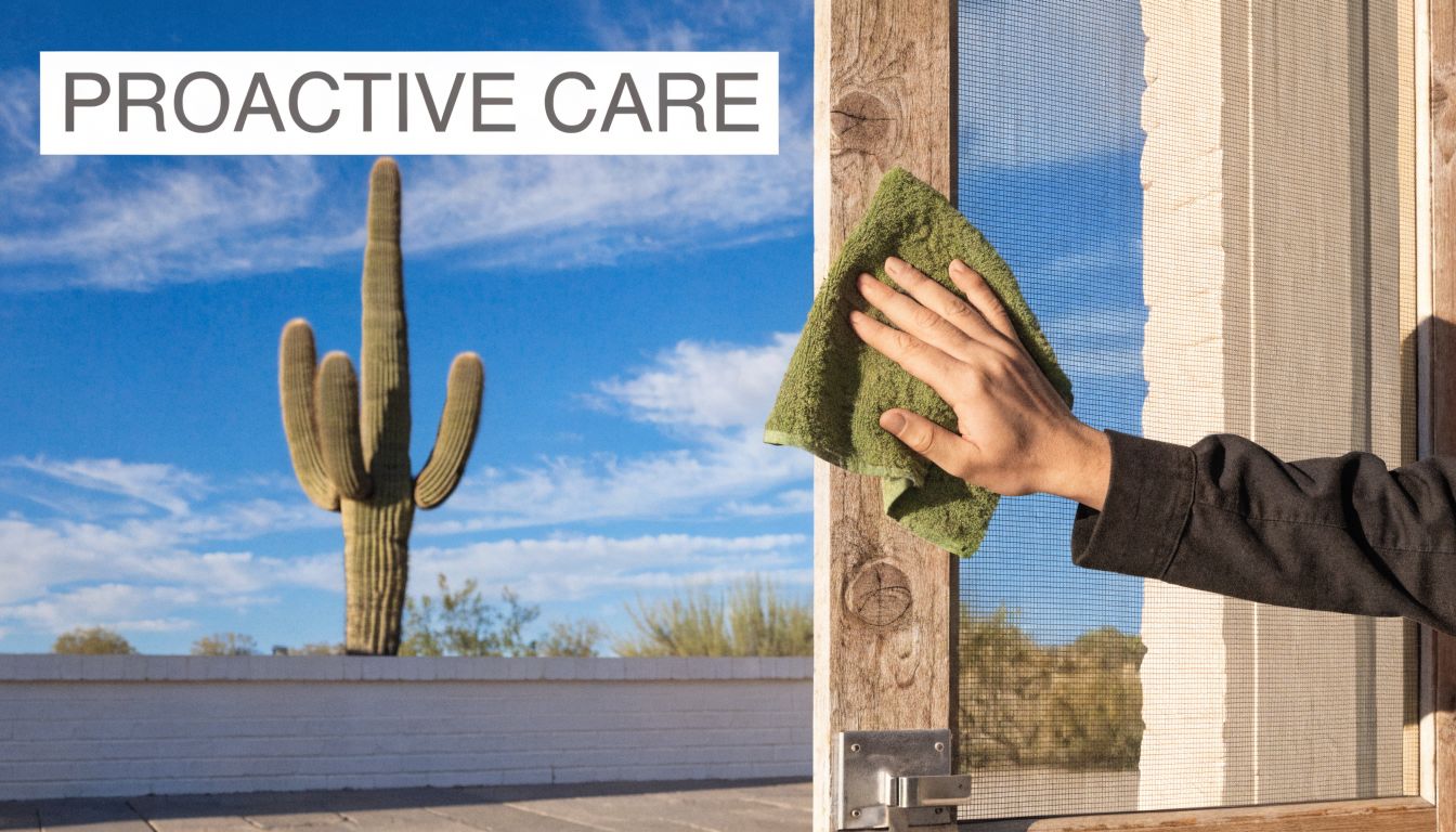 A hand using a green cloth to clean the wooden frame of a screen door outside.