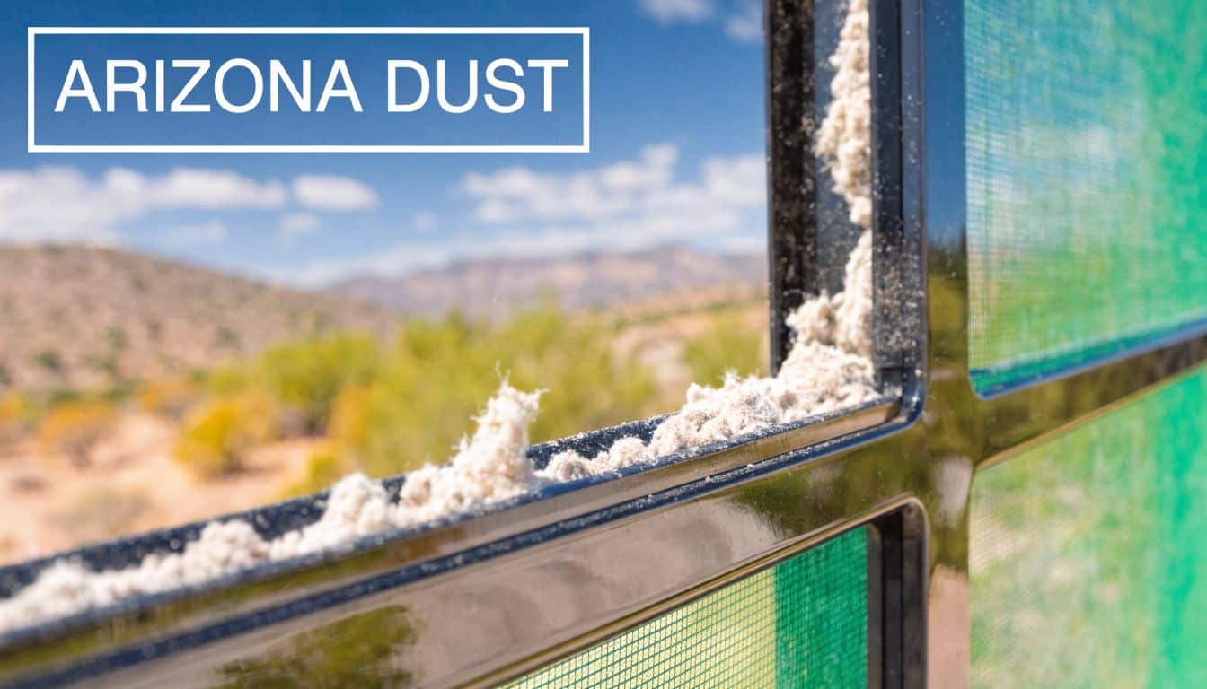 A close up view of thick dust and cottonwood debris buildup on a black metal window screen frame.