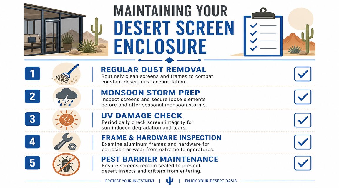 A maintenance checklist infographic for caring for a desert screen patio enclosure to ensure longevity and cleanliness.