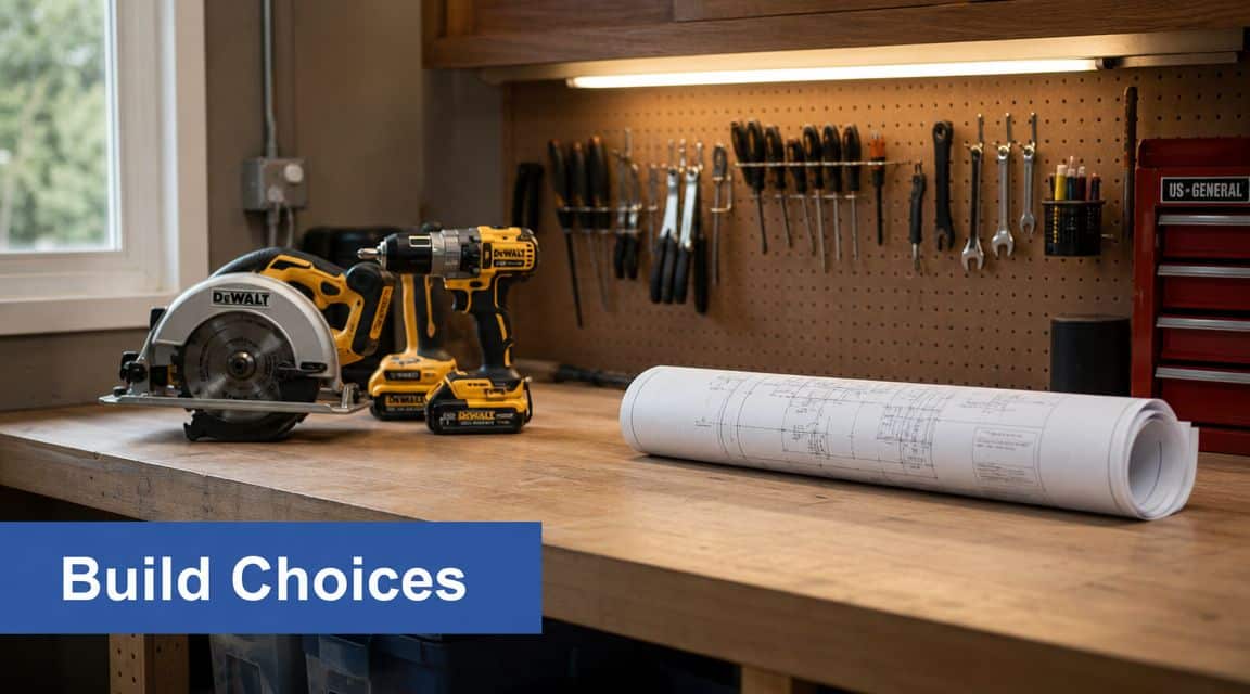 A professional workbench featuring DeWalt power tools, blueprints, and various hand tools hanging on a pegboard.