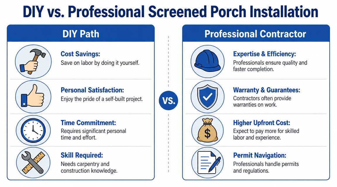 A comparison chart outlining the pros and cons of DIY versus professional screened porch installation services.