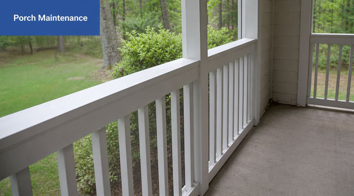 A view of a clean, white wooden screened-in porch railing overlooking a green wooded backyard.