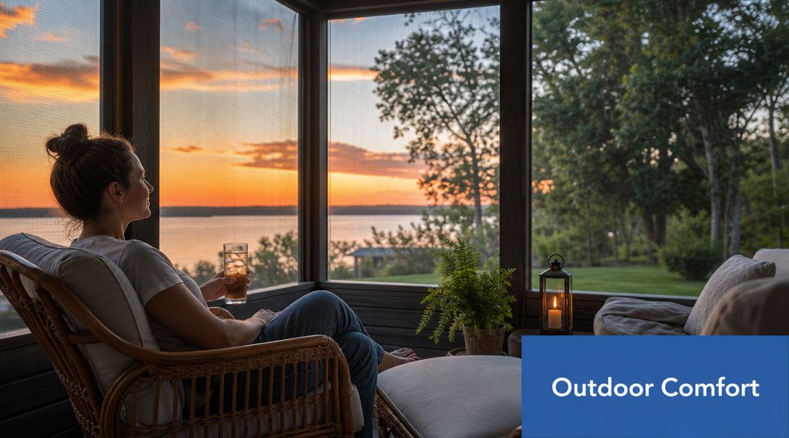 A woman relaxes in a chair on a screened-in porch, enjoying a drink while watching a sunset.