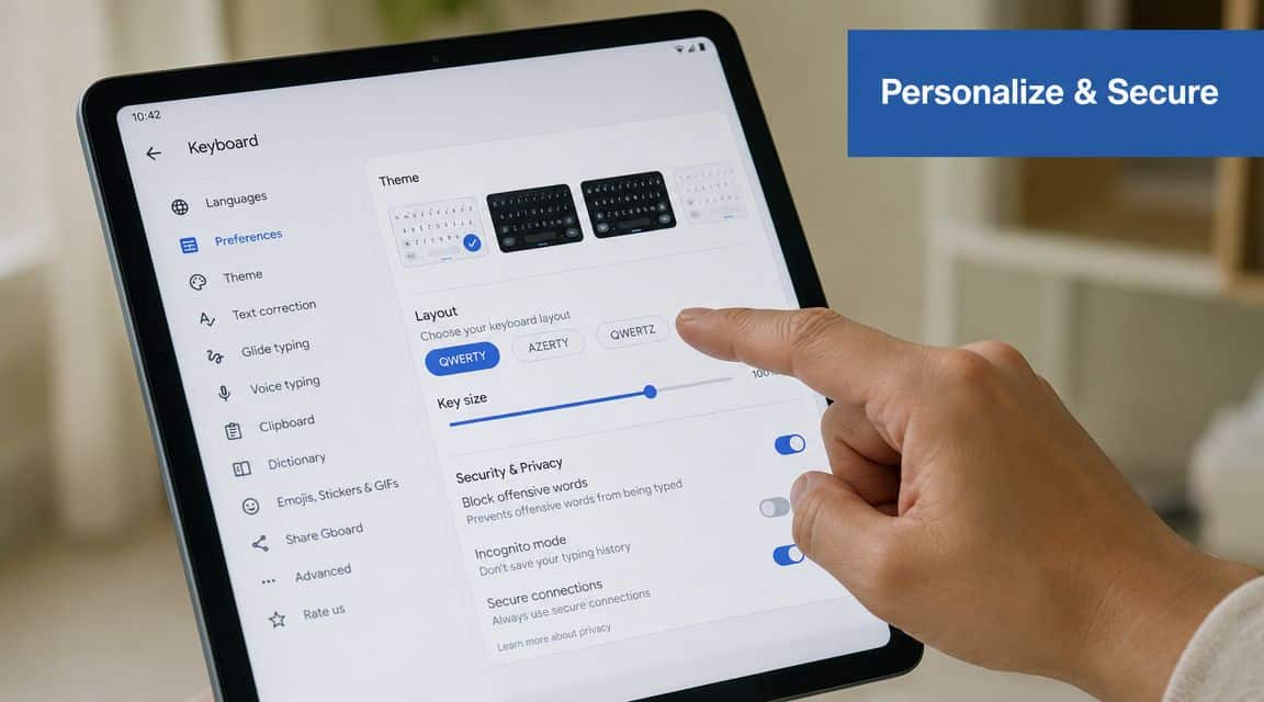 A person using their finger to adjust the keyboard settings on a digital tablet device screen.