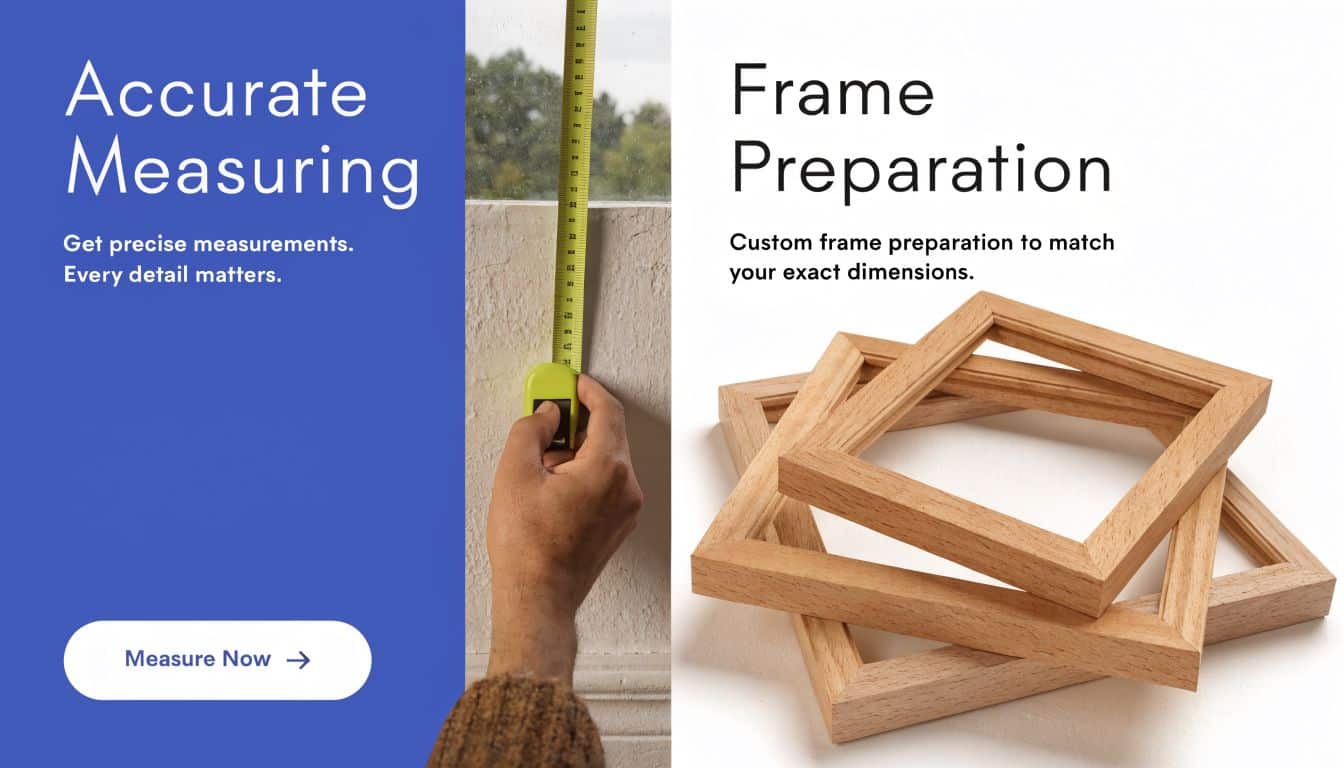A split image showing a hand measuring a window frame with a tape measure alongside wooden frames.