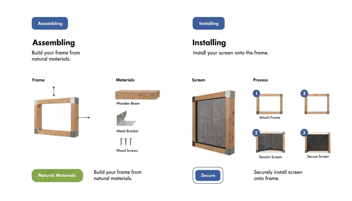 An instructional infographic detailing the two-step process for assembling a wooden frame and installing a projector screen.