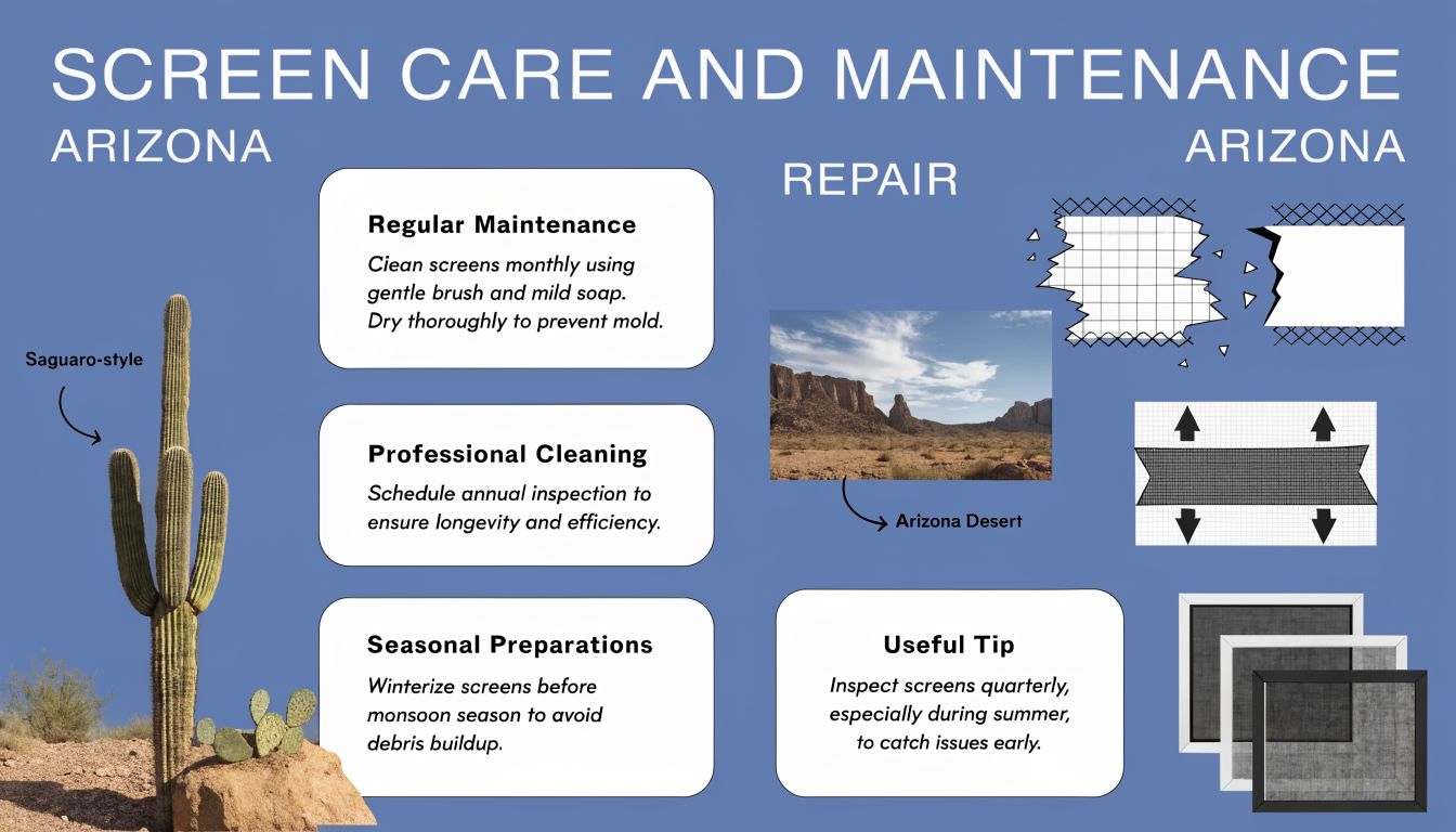 An infographic showing screen care and maintenance tips for residents in Arizona with desert imagery.
