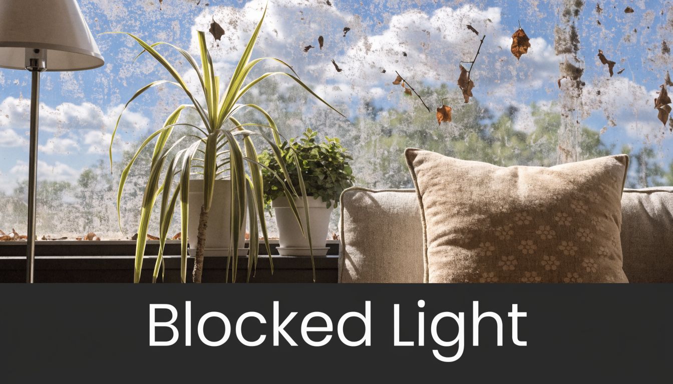 A view through a dusty, stained window showing indoor plants, a lamp, and a sofa pillow.