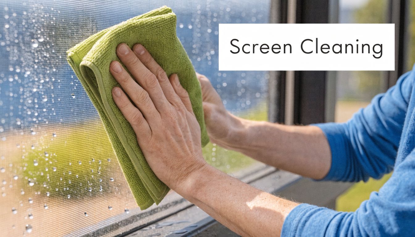 A person cleaning a window screen with a green microfiber cloth while wearing a blue shirt.