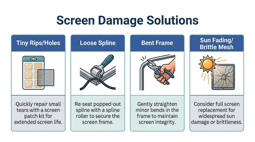 An infographic showing four common window screen problems and their corresponding repair solutions for homeowners.