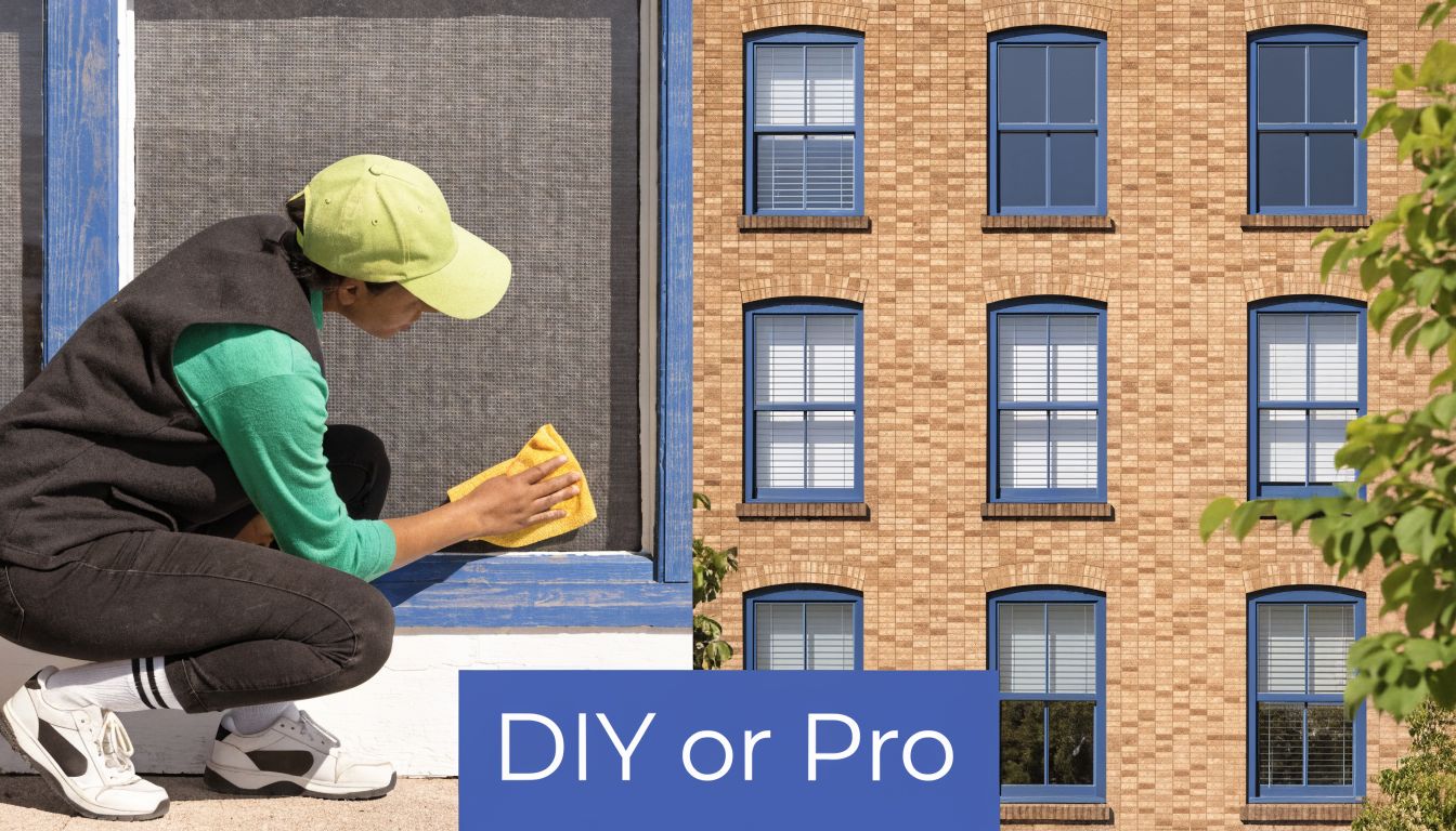 A person cleaning a window screen next to an apartment building with multiple blue-framed windows.