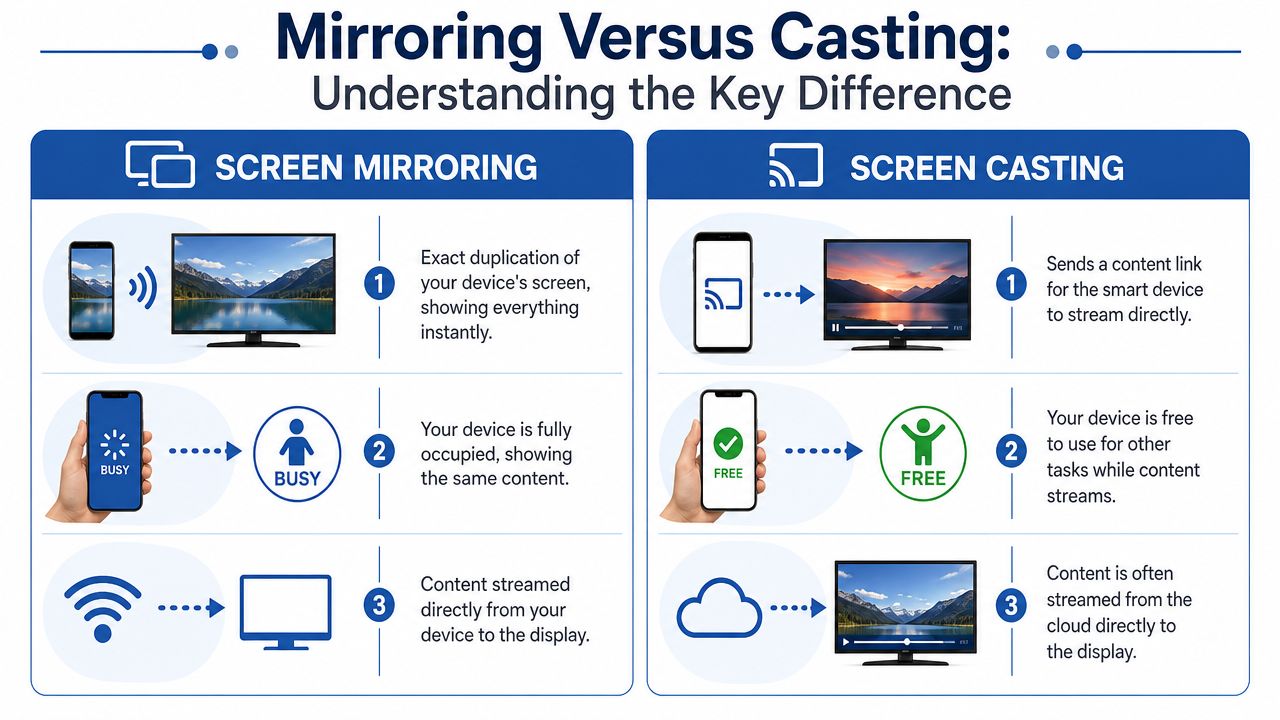 An infographic comparing screen mirroring and screen casting technology with text and simple icons.