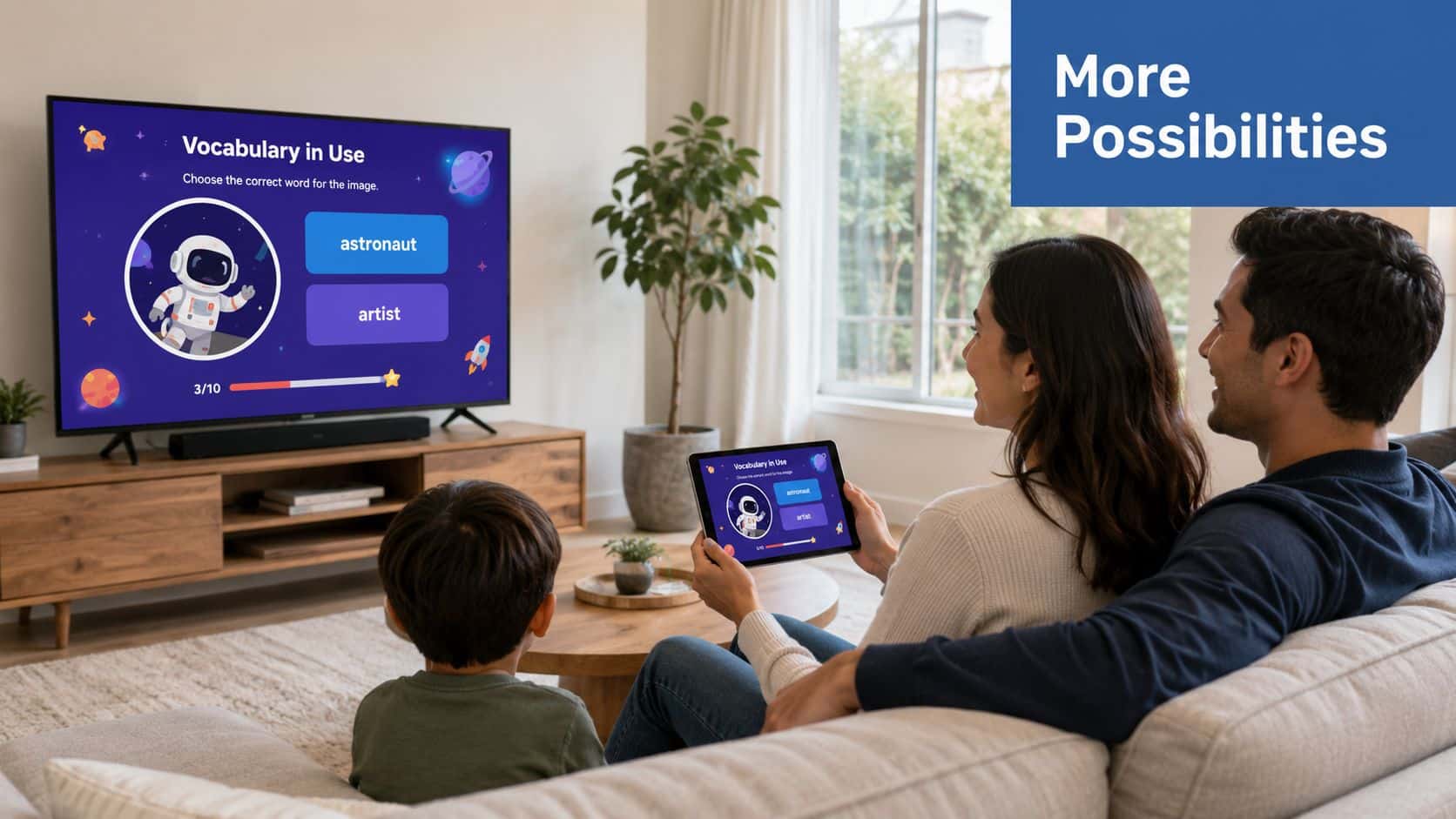 A family of three sitting on a couch, using screen mirroring to play a vocabulary game together.