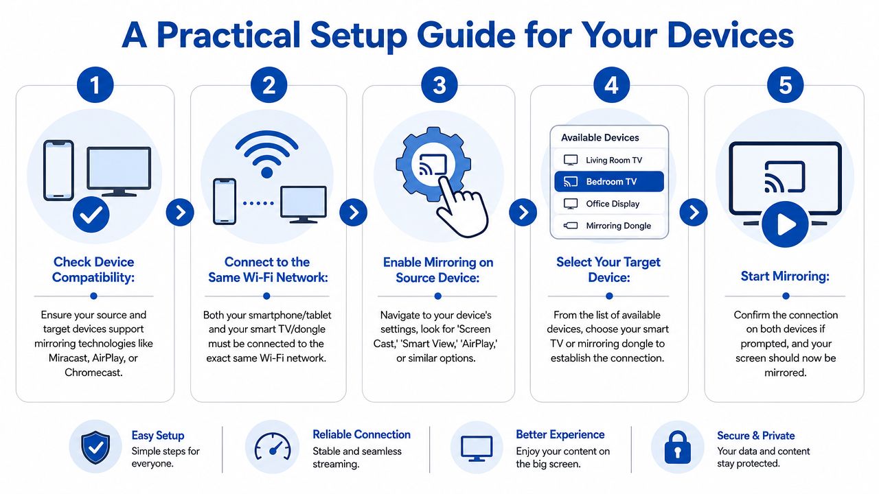 A five-step instructional guide on how to successfully set up screen mirroring between mobile devices and televisions.