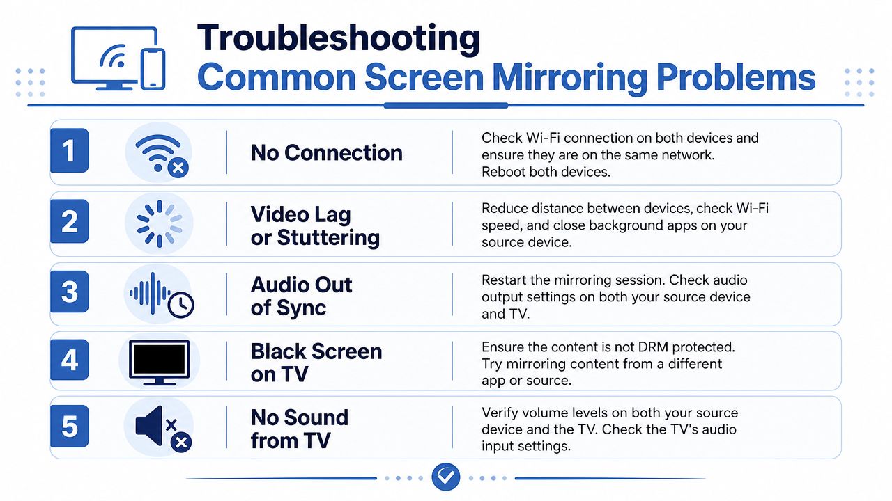 A troubleshooting infographic for common screen mirroring problems listing five common issues and their solutions.