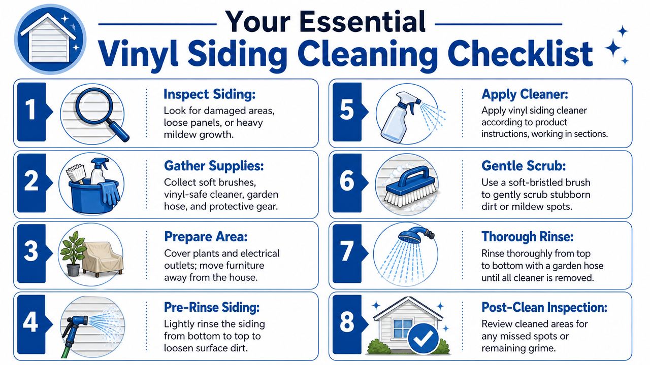 An eight-step infographic titled Your Essential Vinyl Siding Cleaning Checklist explaining how to safely clean home siding.