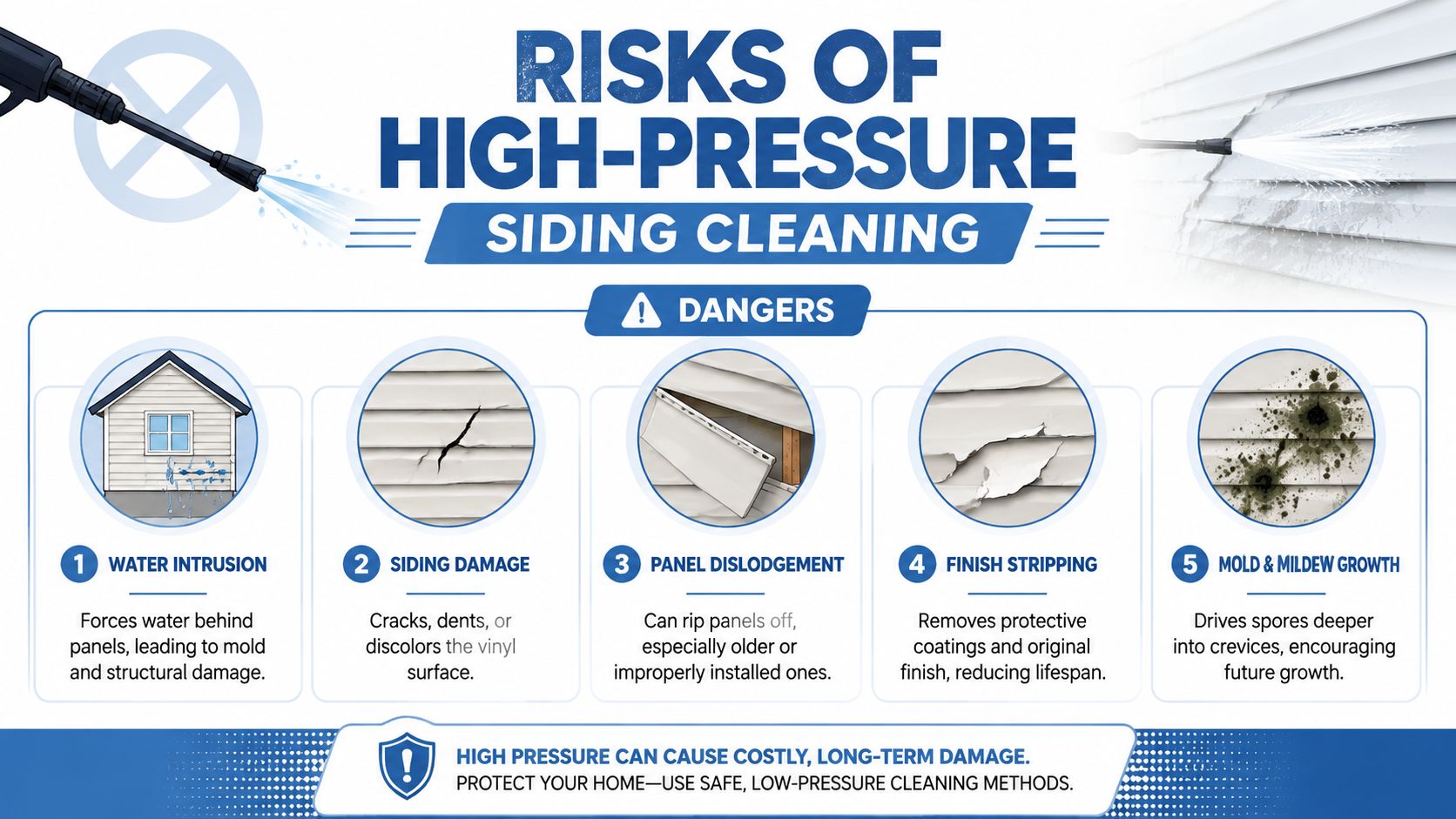 An infographic detailing the five major risks of using high-pressure power washing on residential home vinyl siding.