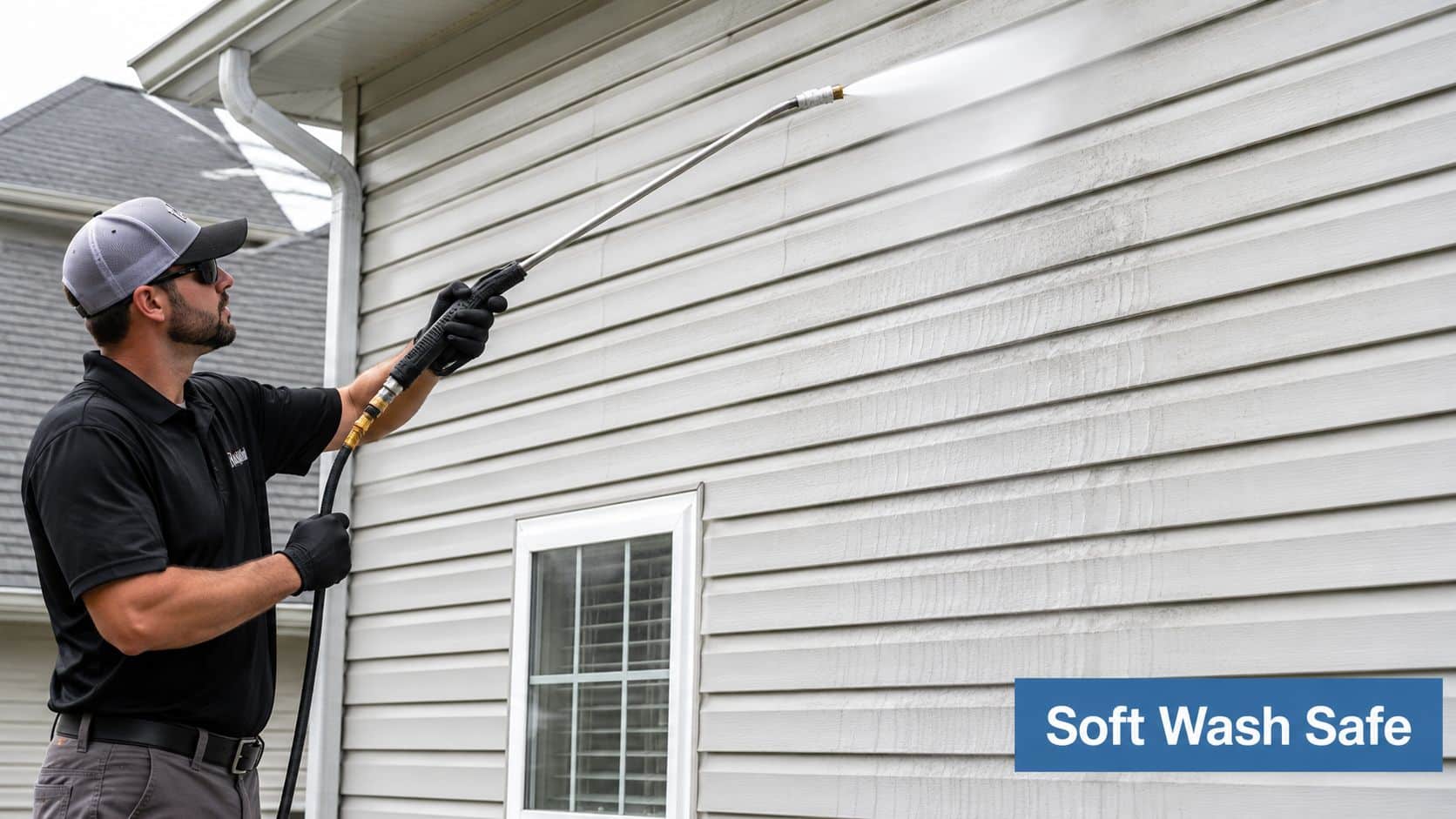 A professional technician carefully soft washing beige vinyl siding on a residential home exterior.