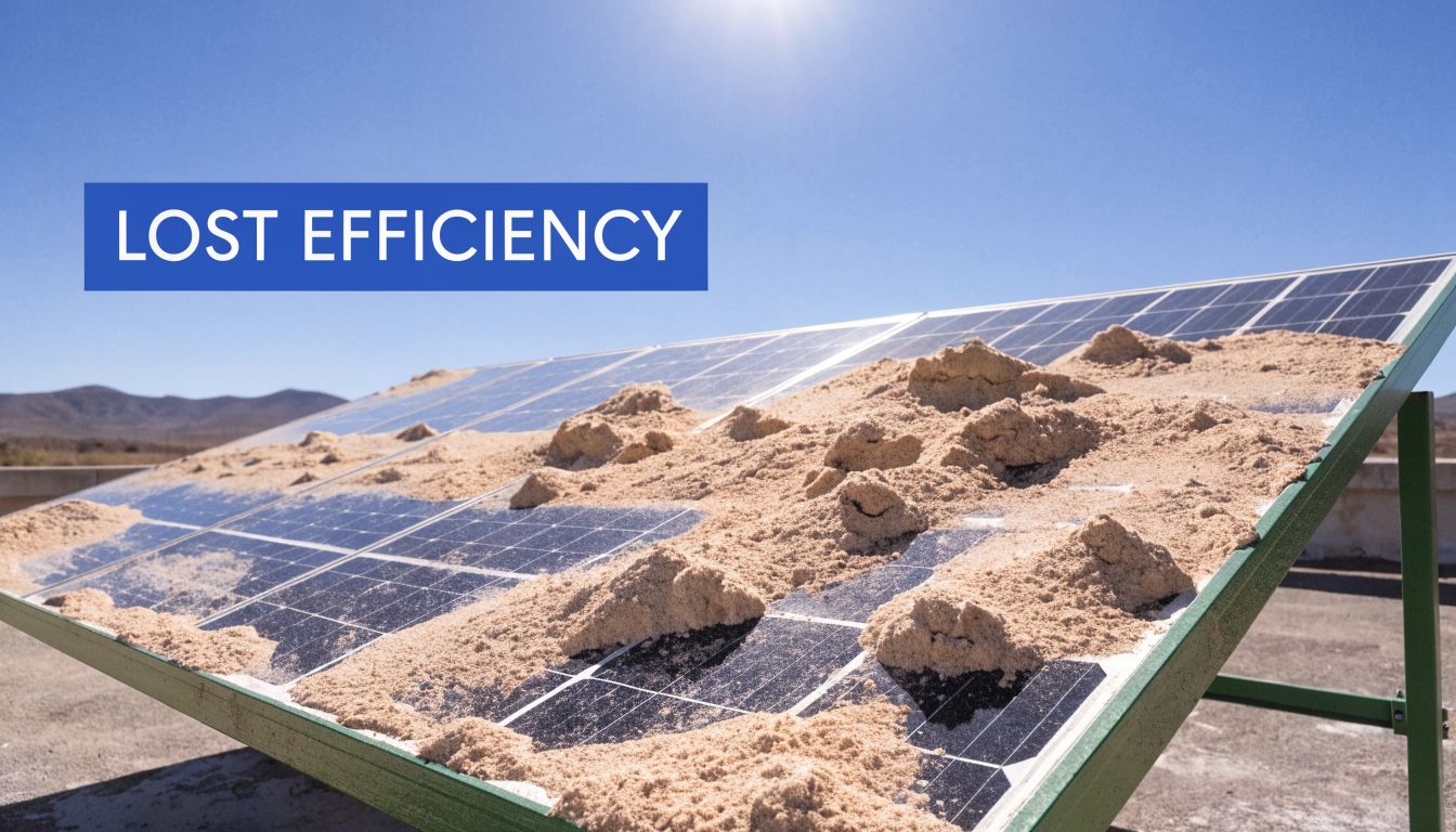A solar panel array covered in sand, illustrating the reduced efficiency caused by dust accumulation.