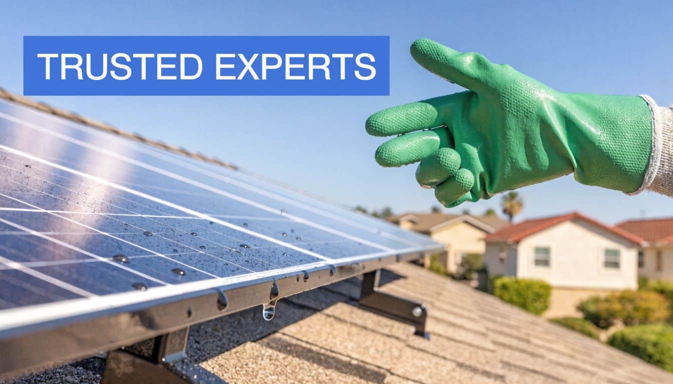 A professional in a green rubber glove cleaning a solar panel on a sunny residential roof.