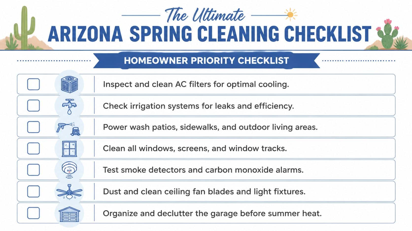 A spring cleaning checklist for Arizona homeowners featuring tasks like cleaning AC filters and organizing the garage.