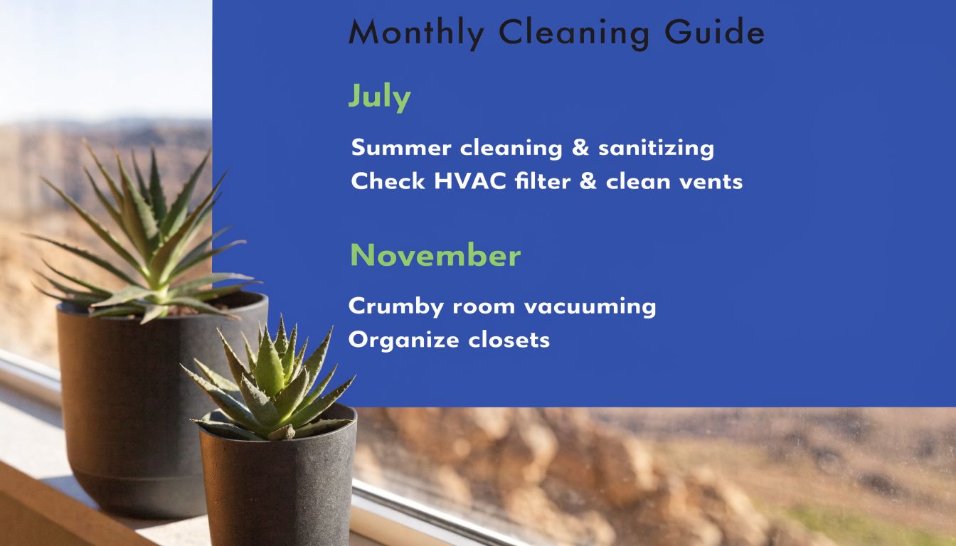 A monthly cleaning guide graphic with lists for July and November alongside potted aloe plants.