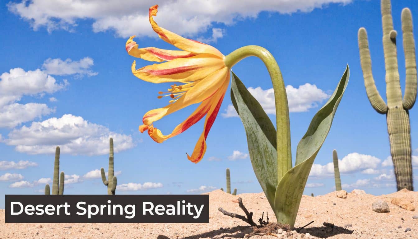 A vibrant, delicate spring flower blooming in a hot, dry desert landscape with cacti in the background.
