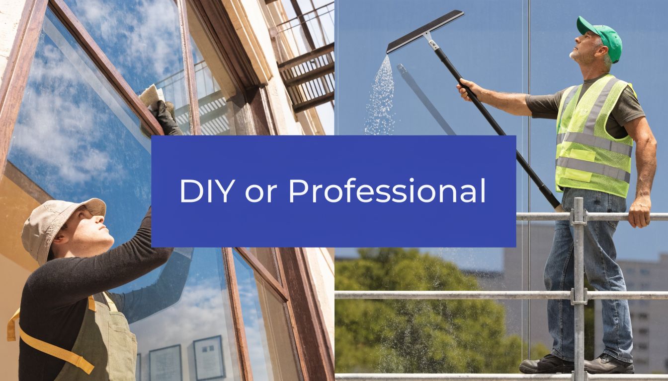 A professional window cleaner and a DIY enthusiast comparing methods for cleaning large glass windows.