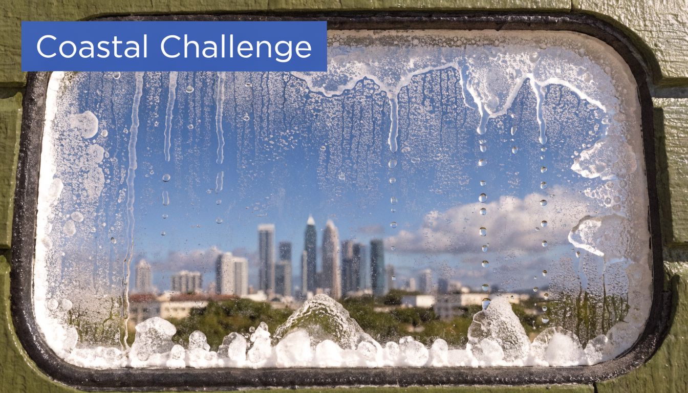 A view of the Miami city skyline through a frosted, icy window pane on a sunny day.