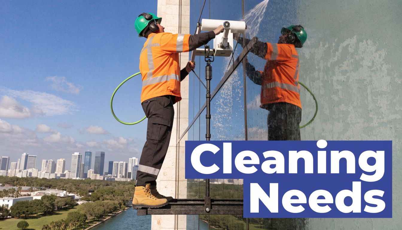 A professional window cleaner using specialized equipment on the exterior of a high-rise building in Miami.